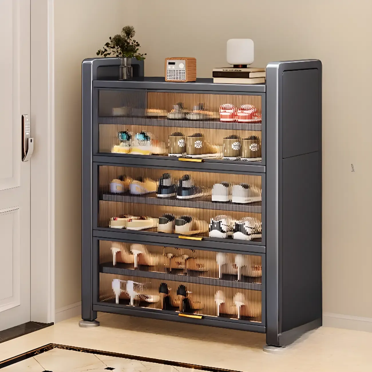 Adjustable Flip-up Door Gun Gray Metal Storage Shoe Rack Image - 8