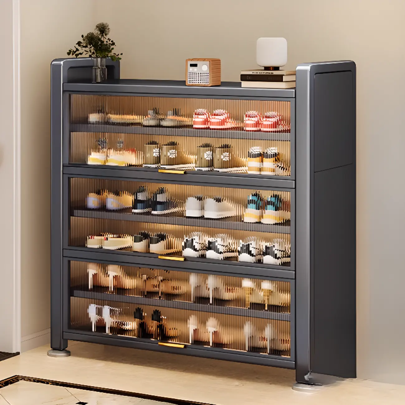 Adjustable Flip-up Door Gun Gray Metal Storage Shoe Rack Image - 10 | homeyfad