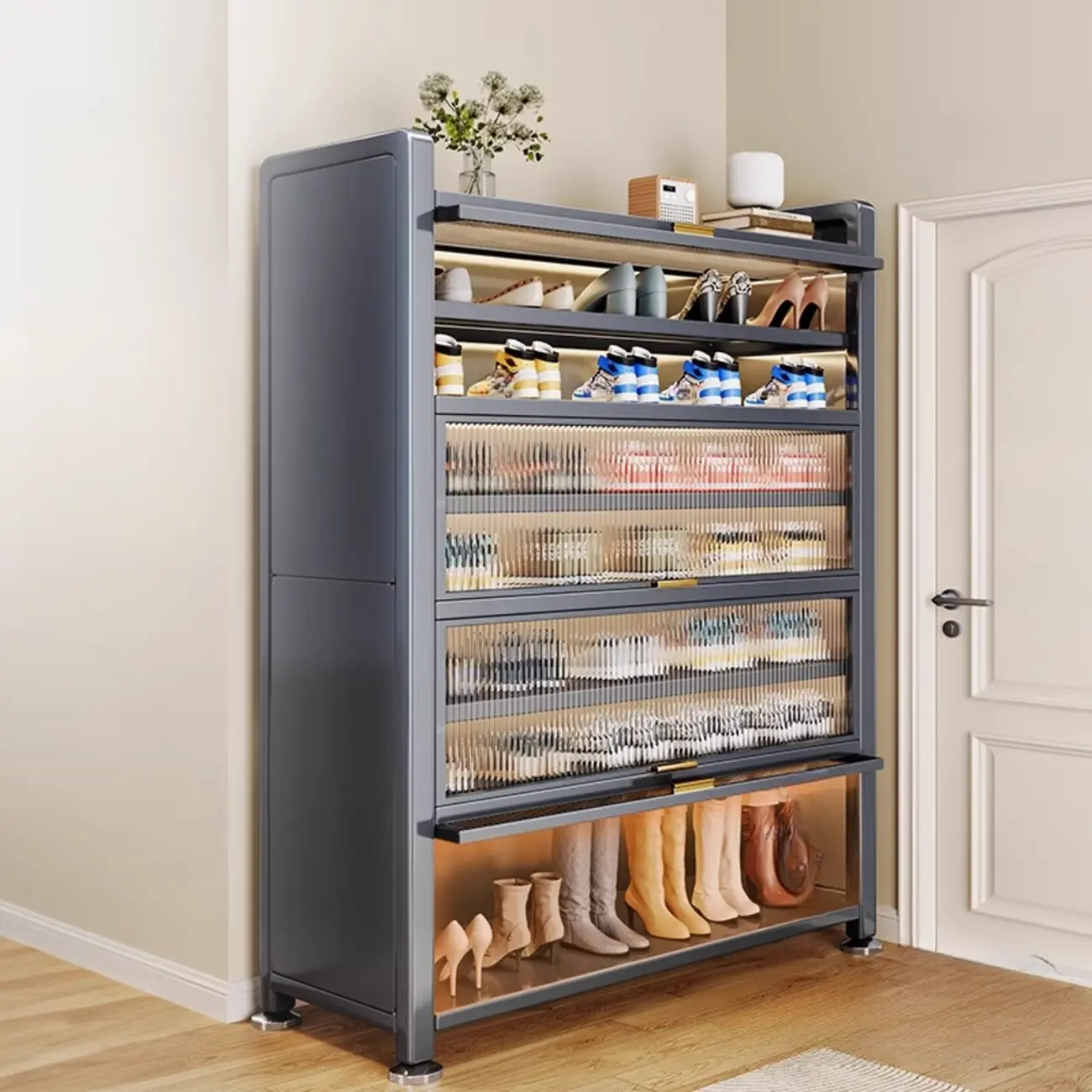 Adjustable Flip-up Door Gun Gray Metal Storage Shoe Rack Image - 11 | homeyfad