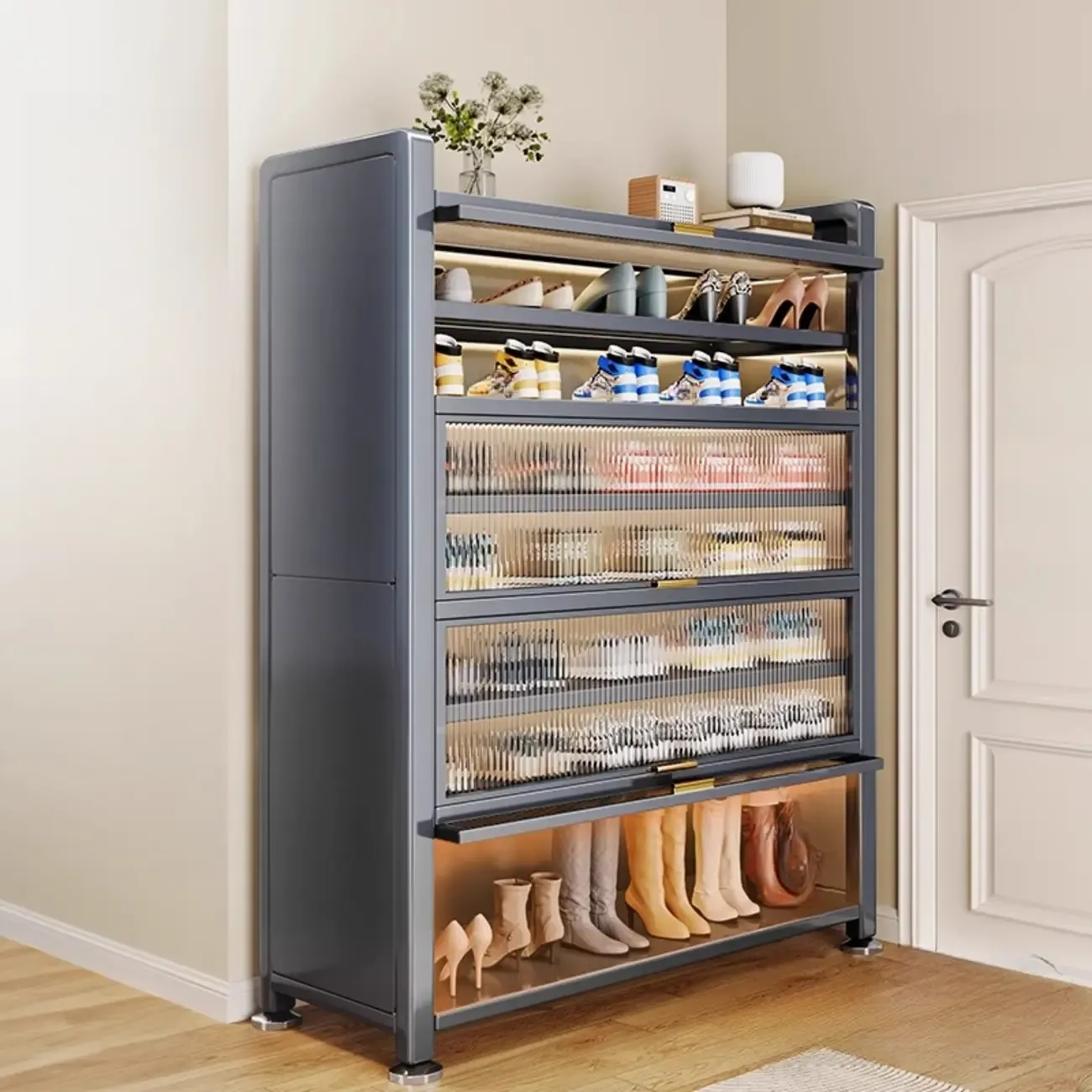 Adjustable Flip-up Door Gun Gray Metal Storage Shoe Rack Image - 11