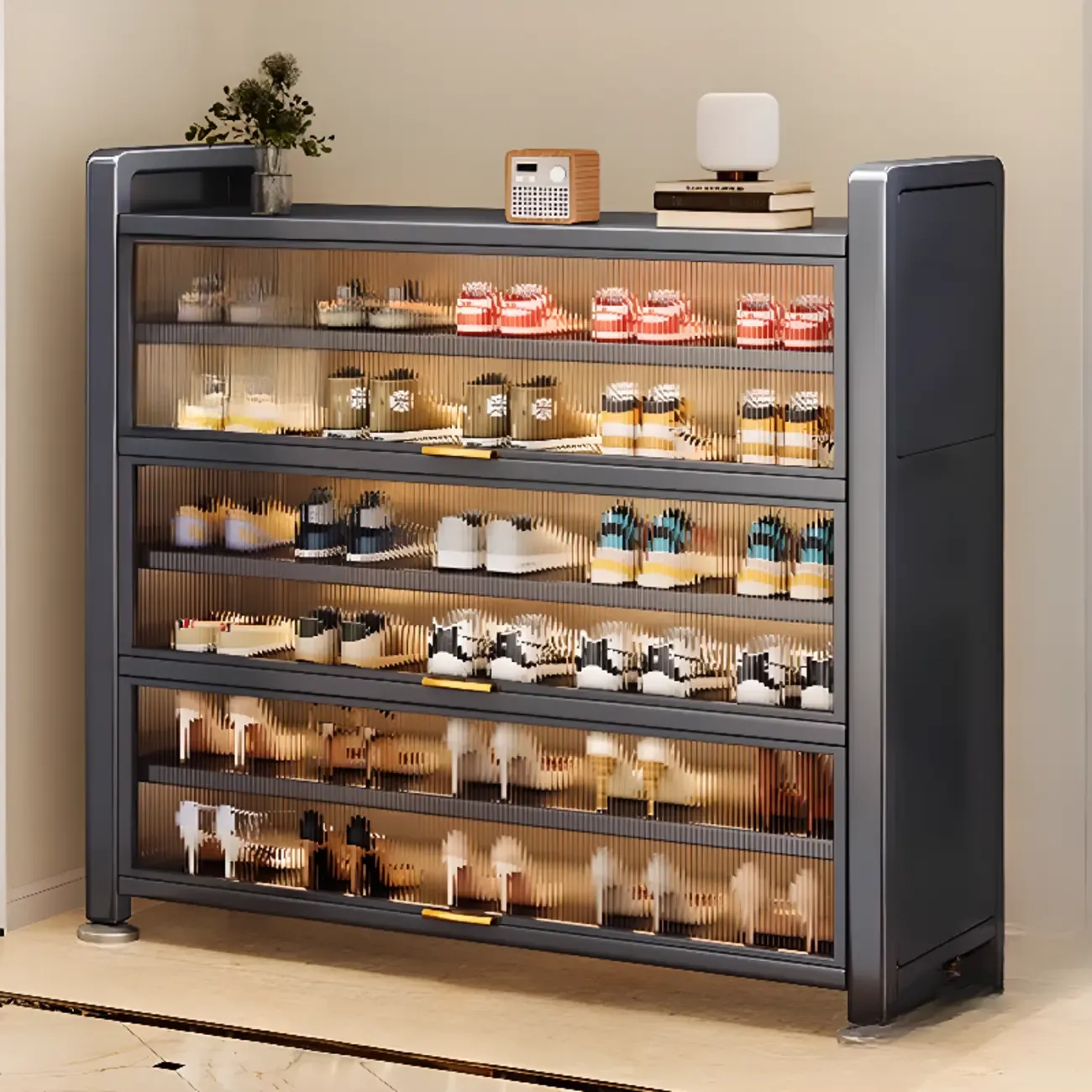 Adjustable Flip-up Door Gun Gray Metal Storage Shoe Rack Image - 12