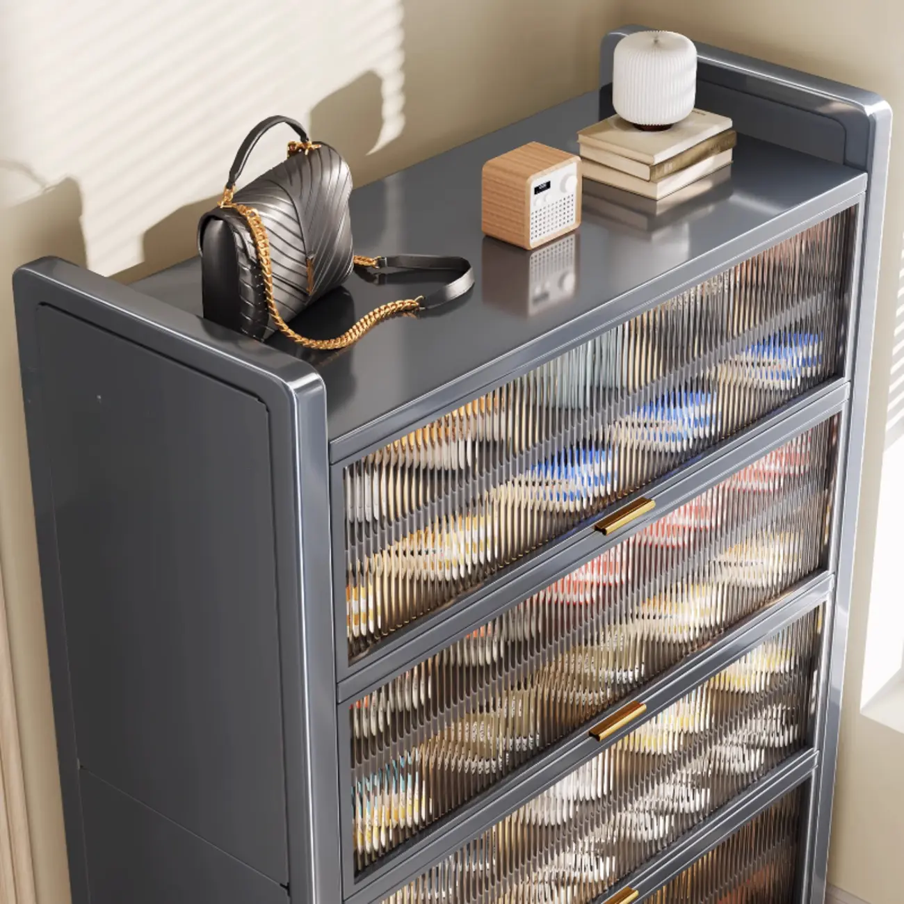 Adjustable Flip-up Door Gun Gray Metal Storage Shoe Rack Image - 18 | homeyfad