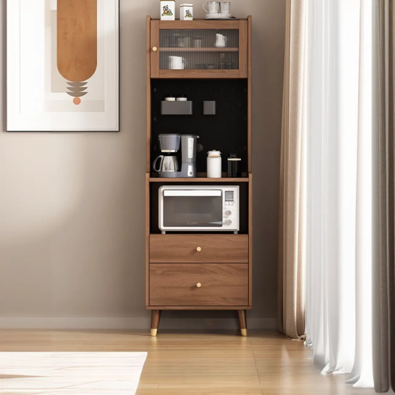 Compact Wooden Brown 2-Drawer Tall Sideboard with Hutch Image - 1 | homeyfad