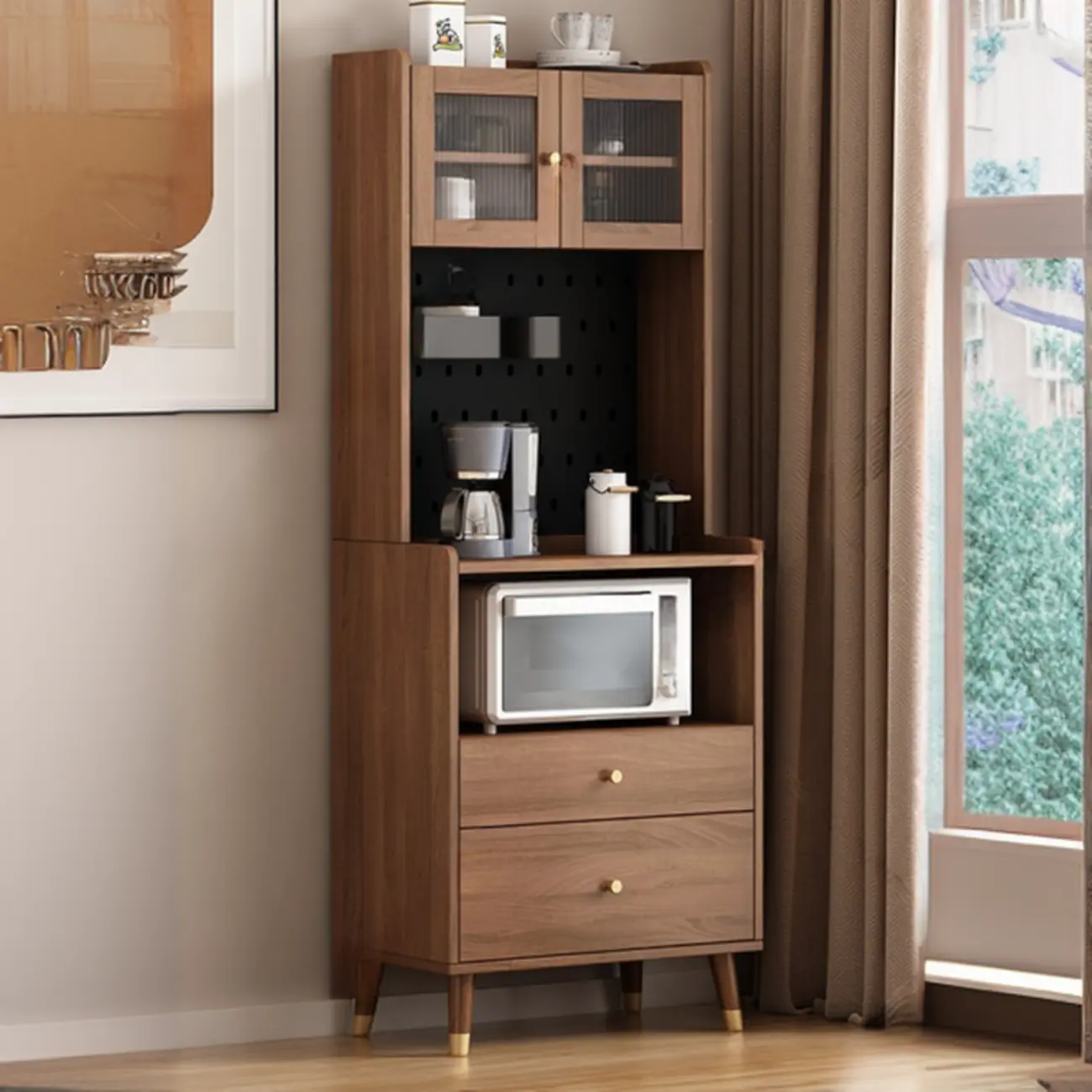 Compact Wooden Brown 2-Drawer Tall Sideboard with Hutch Image - 3 | homeyfad