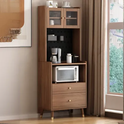 Compact Wooden Brown 2-Drawer Tall Sideboard with Hutch Image - 3