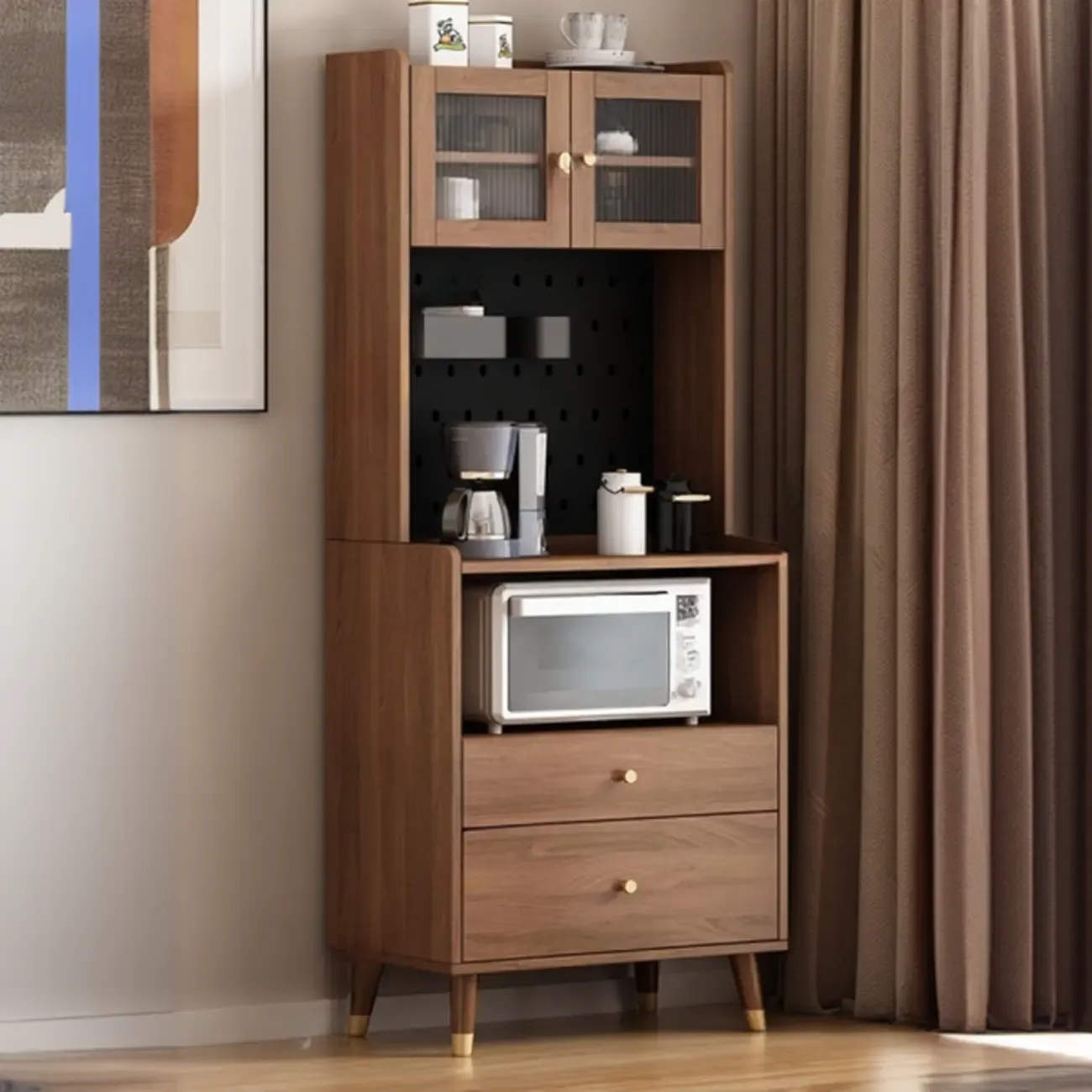 Compact Wooden Brown 2-Drawer Tall Sideboard with Hutch Image - 4