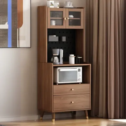 Compact Wooden Brown 2-Drawer Tall Sideboard with Hutch Image - 4