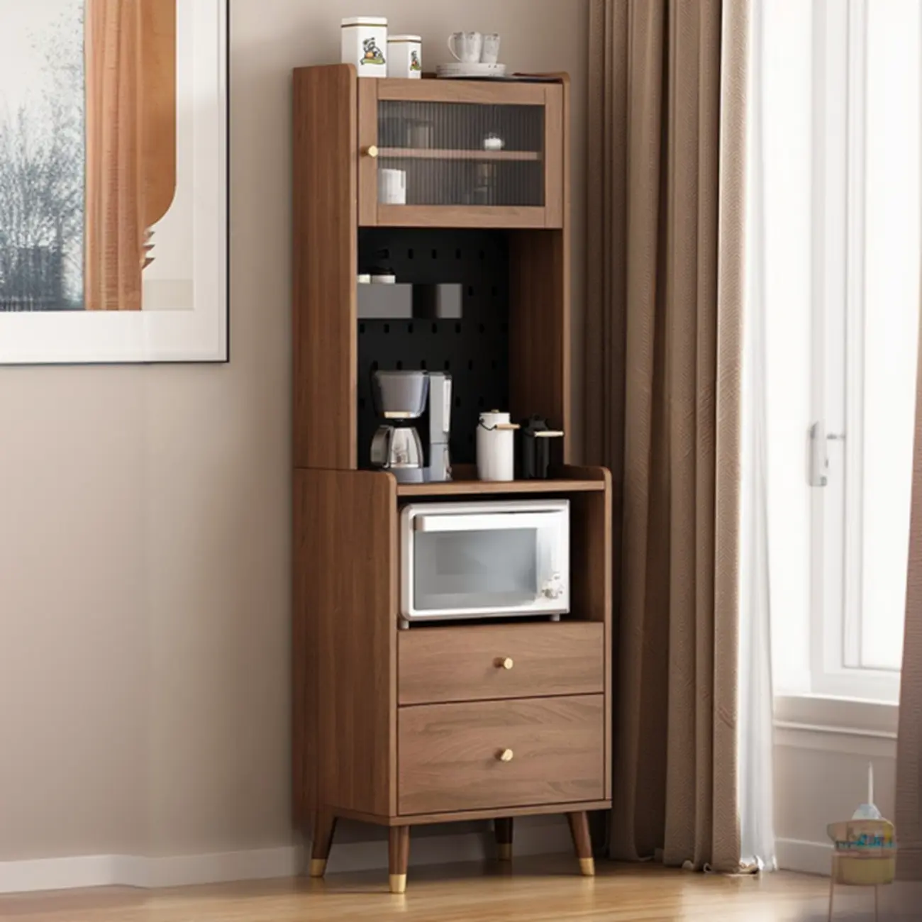 Compact Wooden Brown 2-Drawer Tall Sideboard with Hutch Image - 2 | homeyfad