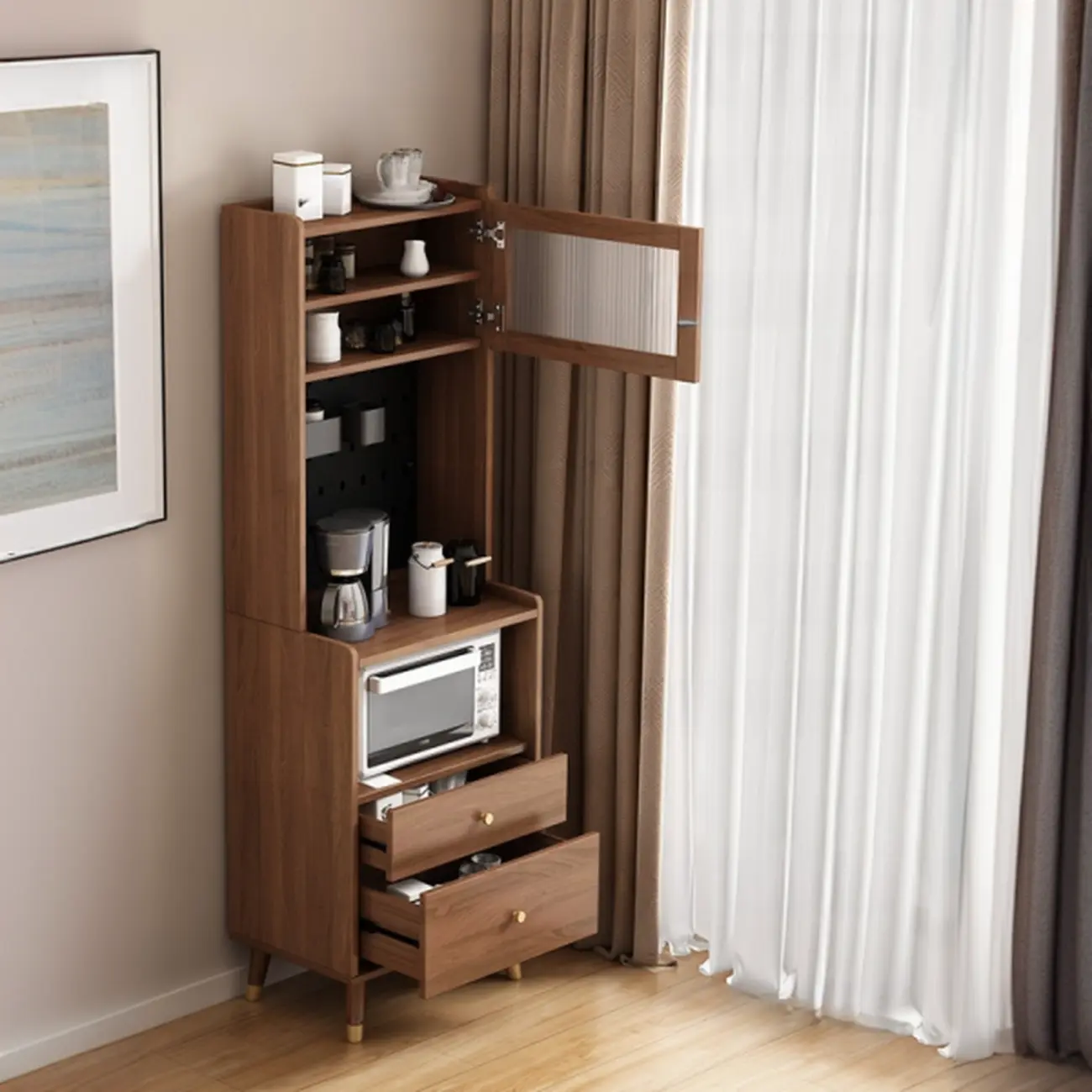 Compact Wooden Brown 2-Drawer Tall Sideboard with Hutch Image - 6 | homeyfad