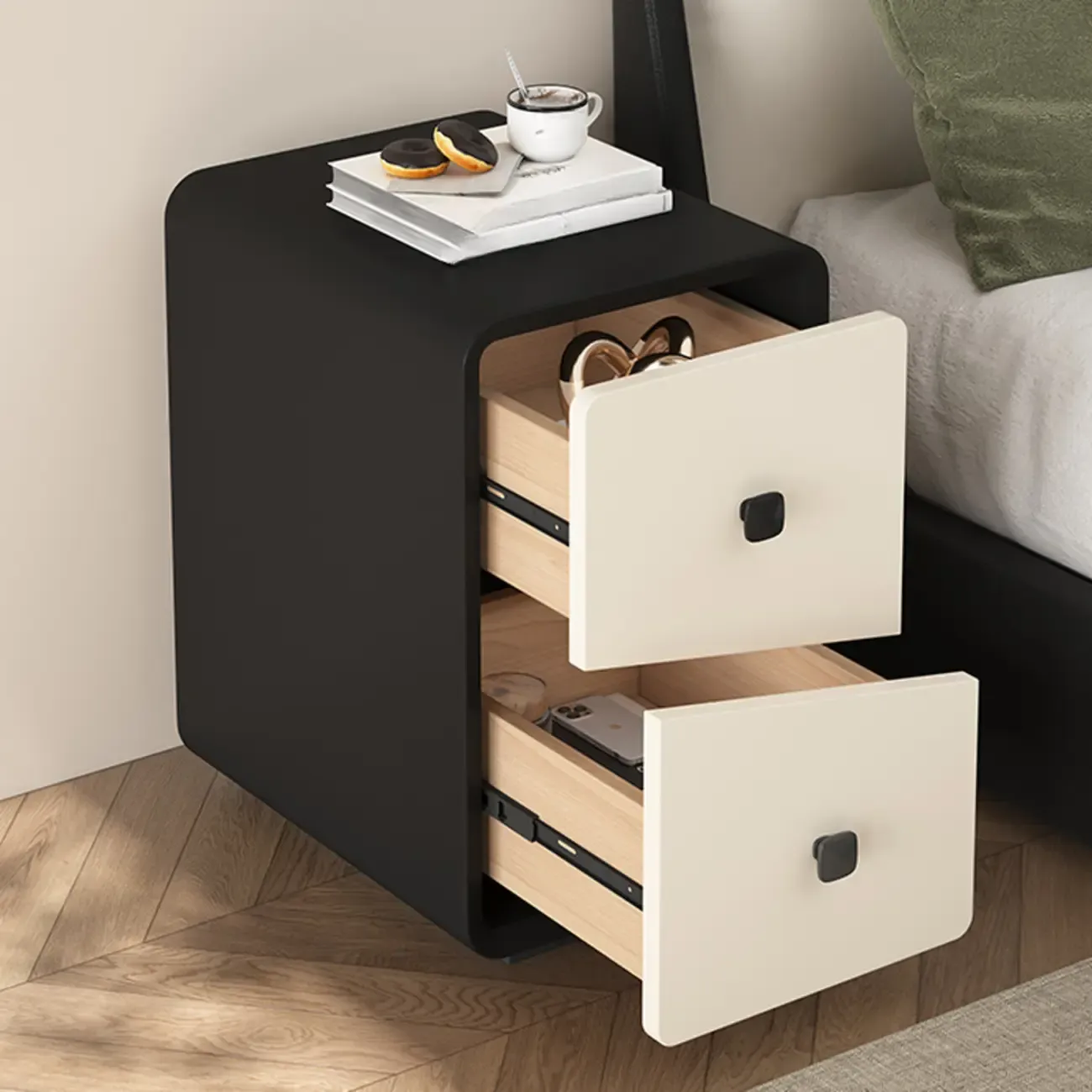 Modern Black and Off-White Wooden Nightstand 2-Drawer Storage Image - 5