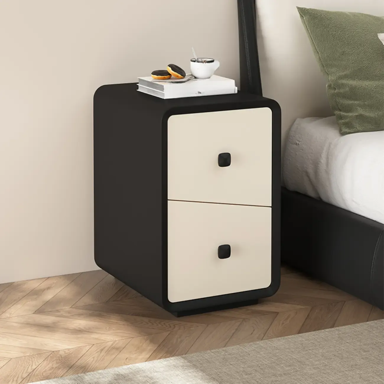 Modern Black and Off-White Wooden Nightstand 2-Drawer Storage Image - 4