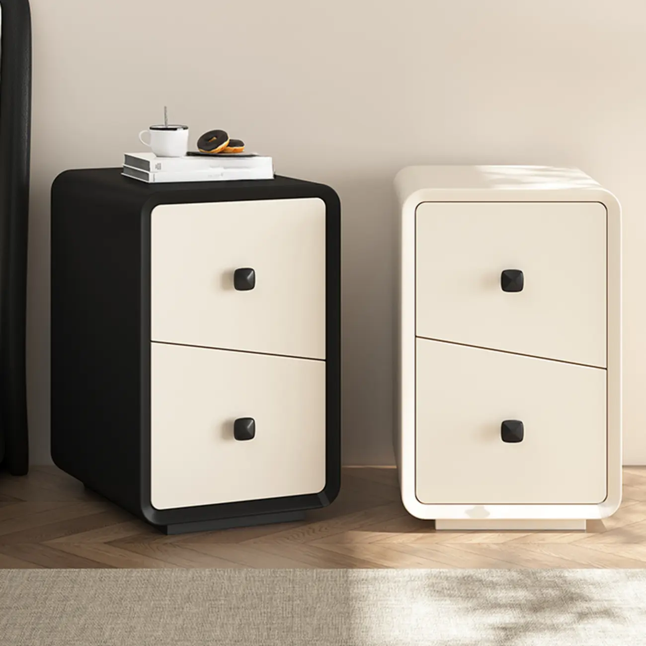 Modern Black and Off-White Wooden Nightstand 2-Drawer Storage Image - 1 | homeyfad