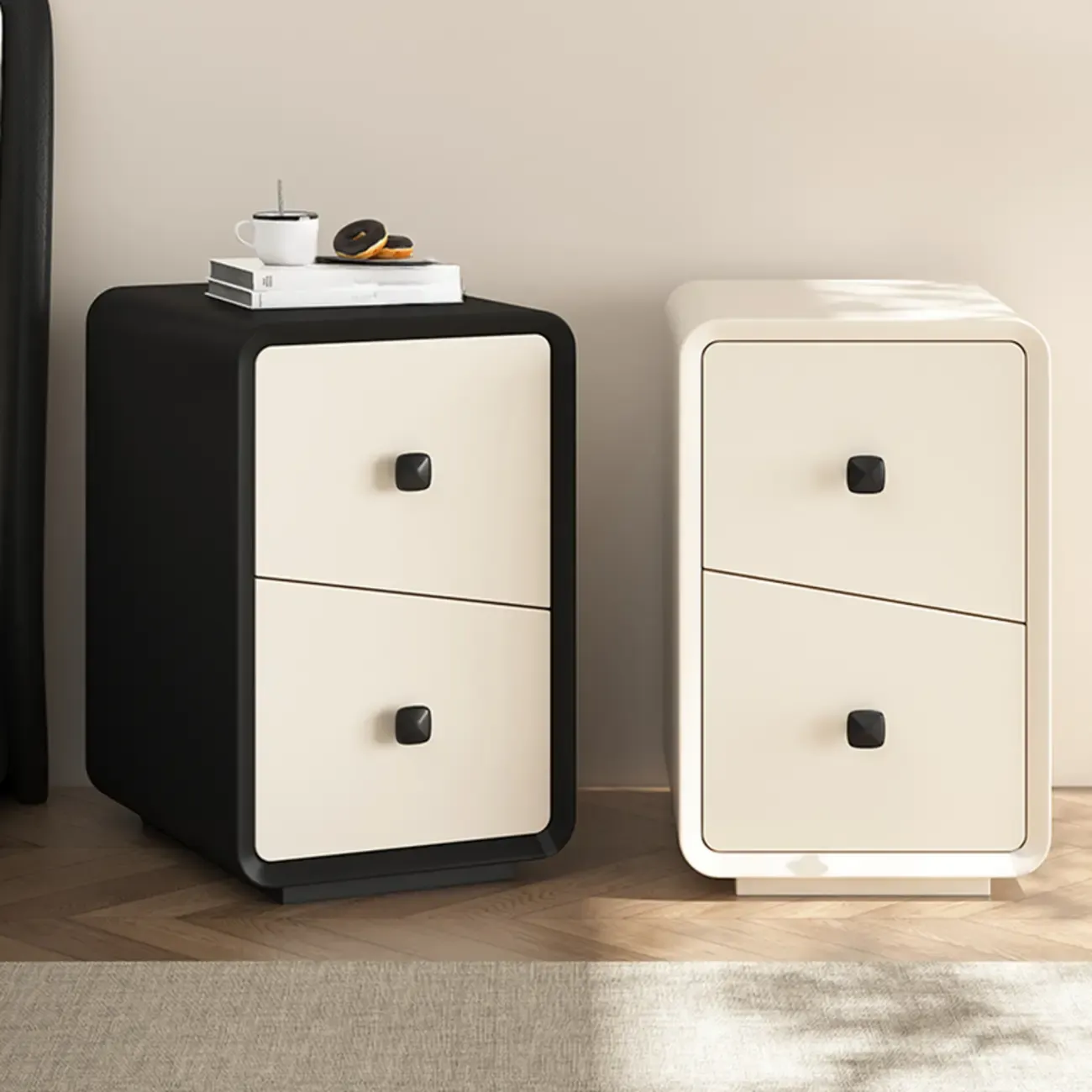 Modern Black and Off-White Wooden Nightstand 2-Drawer Storage Image - 1