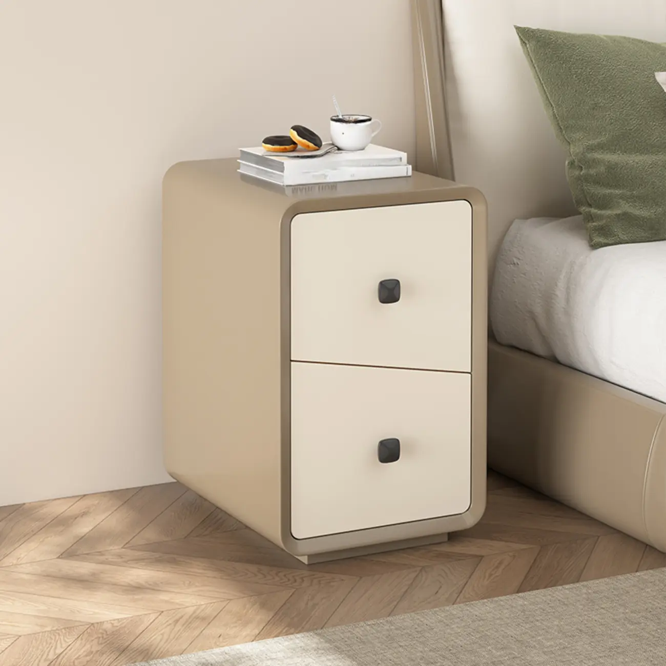 Modern Black and Off-White Wooden Nightstand 2-Drawer Storage Image - 3 | homeyfad