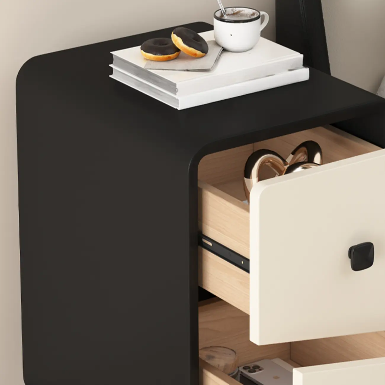 Modern Black and Off-White Wooden Nightstand 2-Drawer Storage Image - 9 | homeyfad