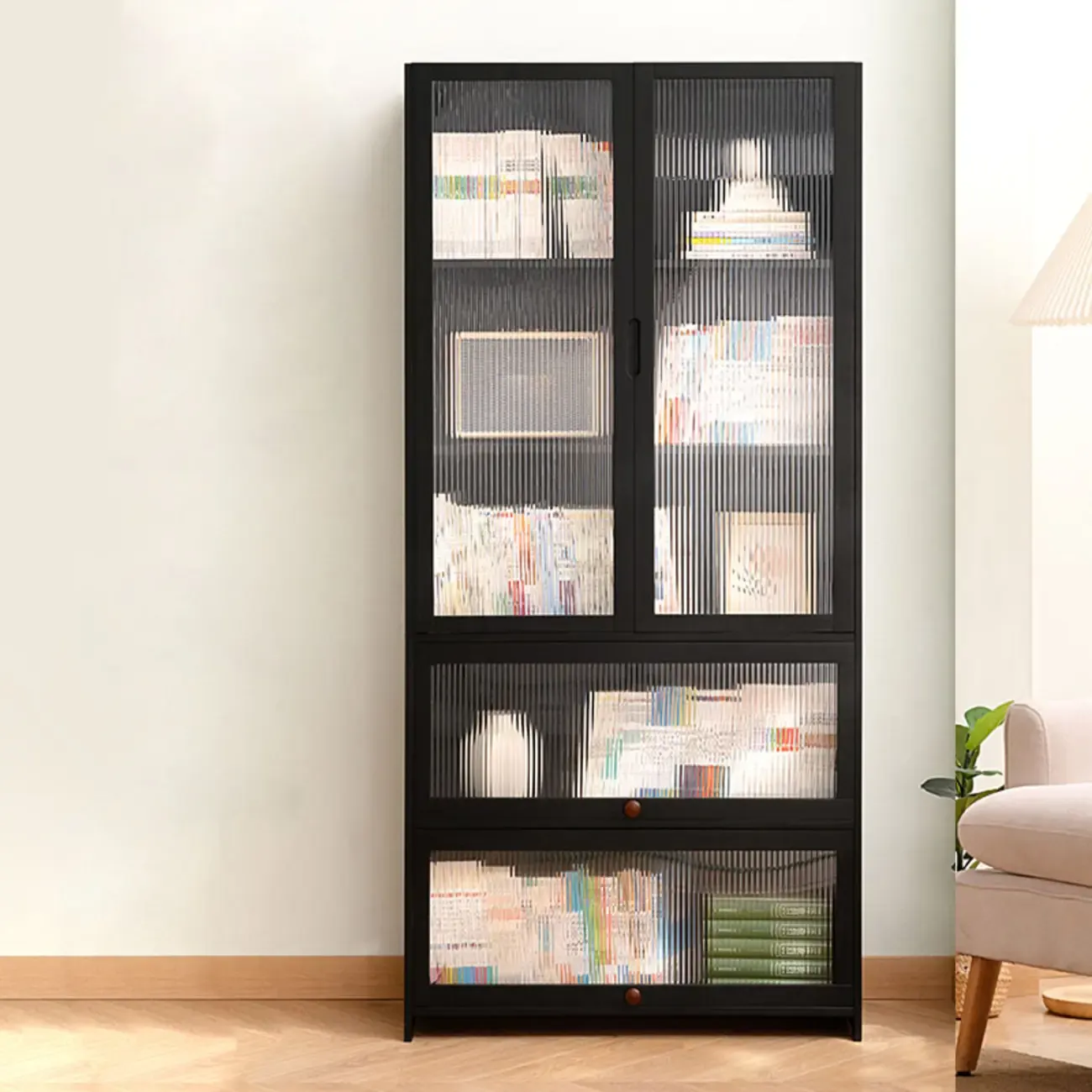 Bamboo Modern Black Vertical Bookcase with Glass Doors Image - 1