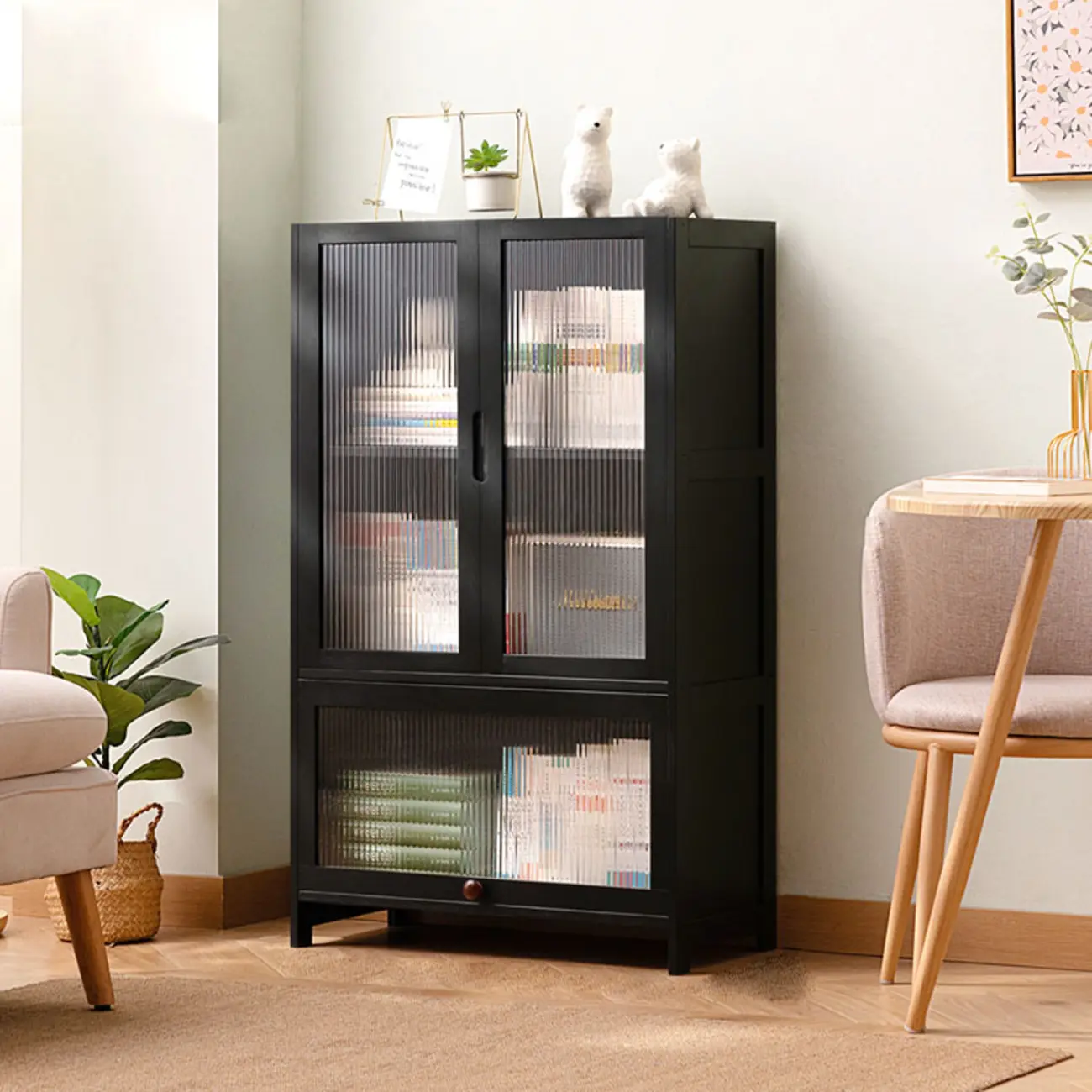Bamboo Modern Black Vertical Bookcase with Glass Doors Image - 3 | homeyfad