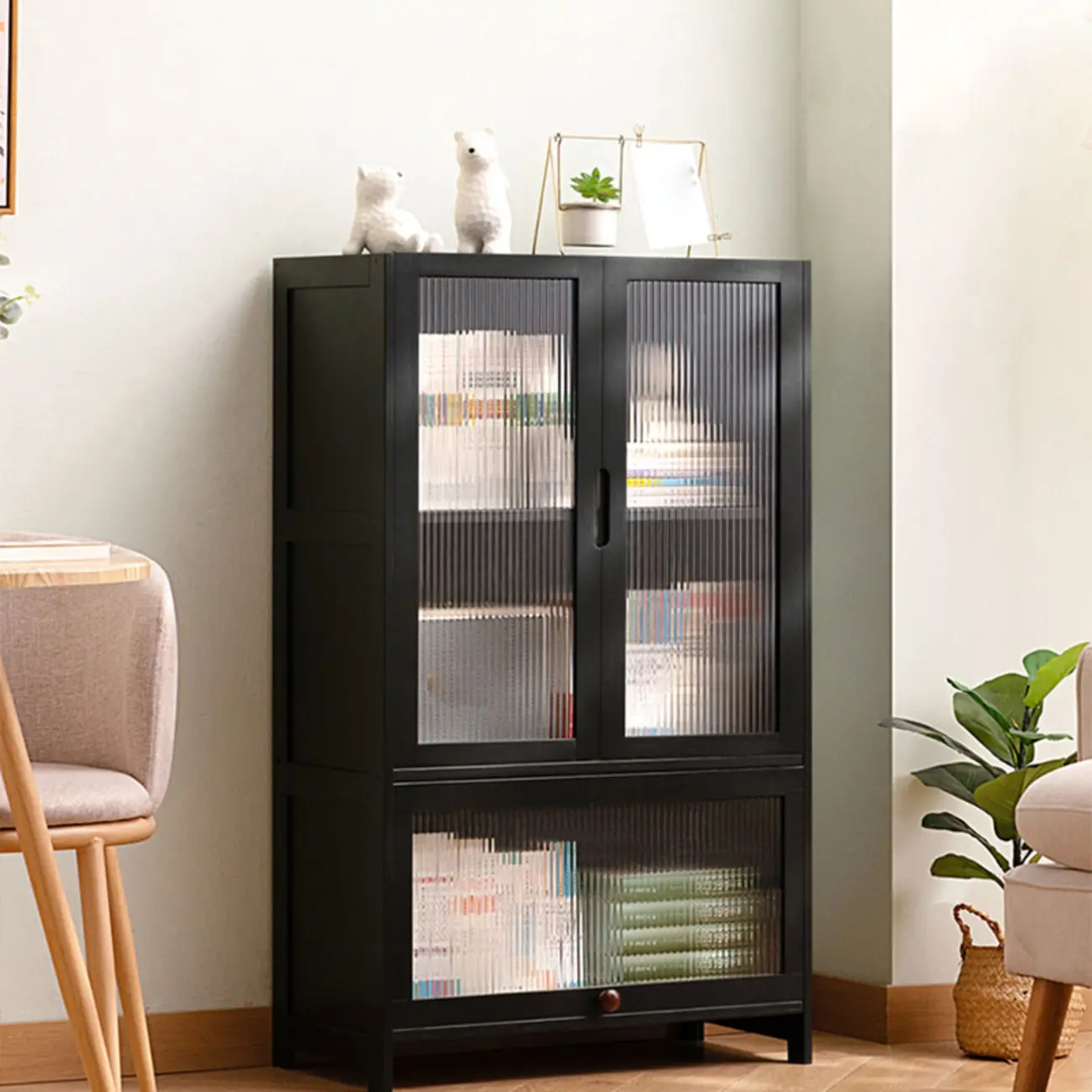 Bamboo Modern Black Vertical Bookcase with Glass Doors Image - 4 | homeyfad