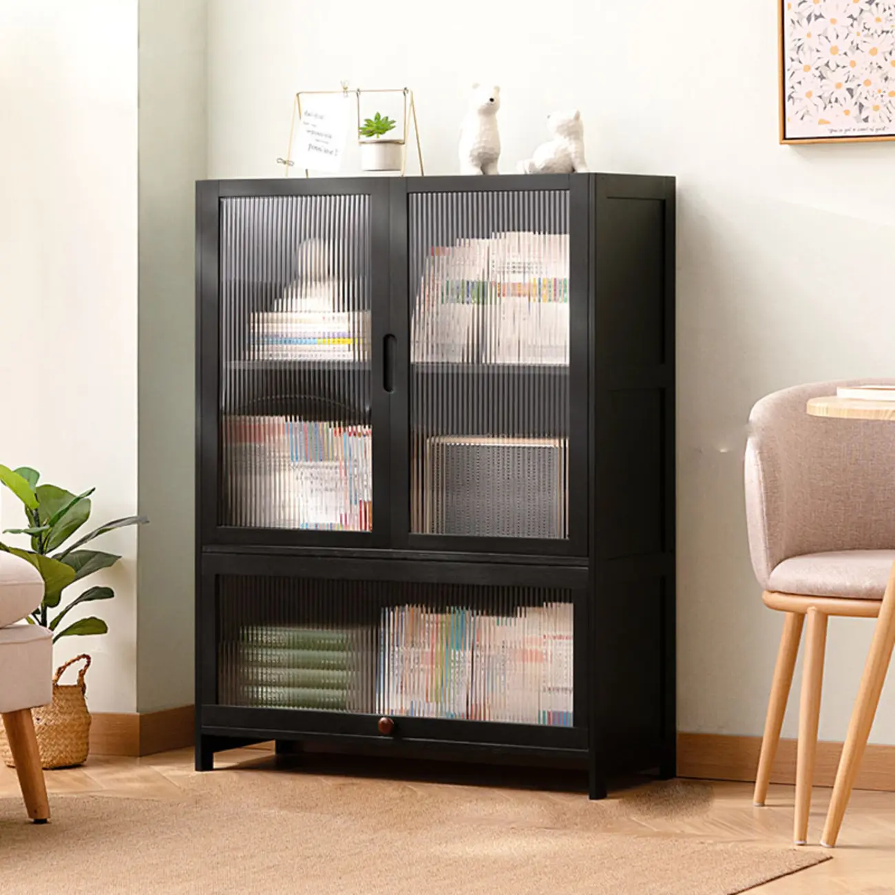 Bamboo Modern Black Vertical Bookcase with Glass Doors Image - 5 | homeyfad