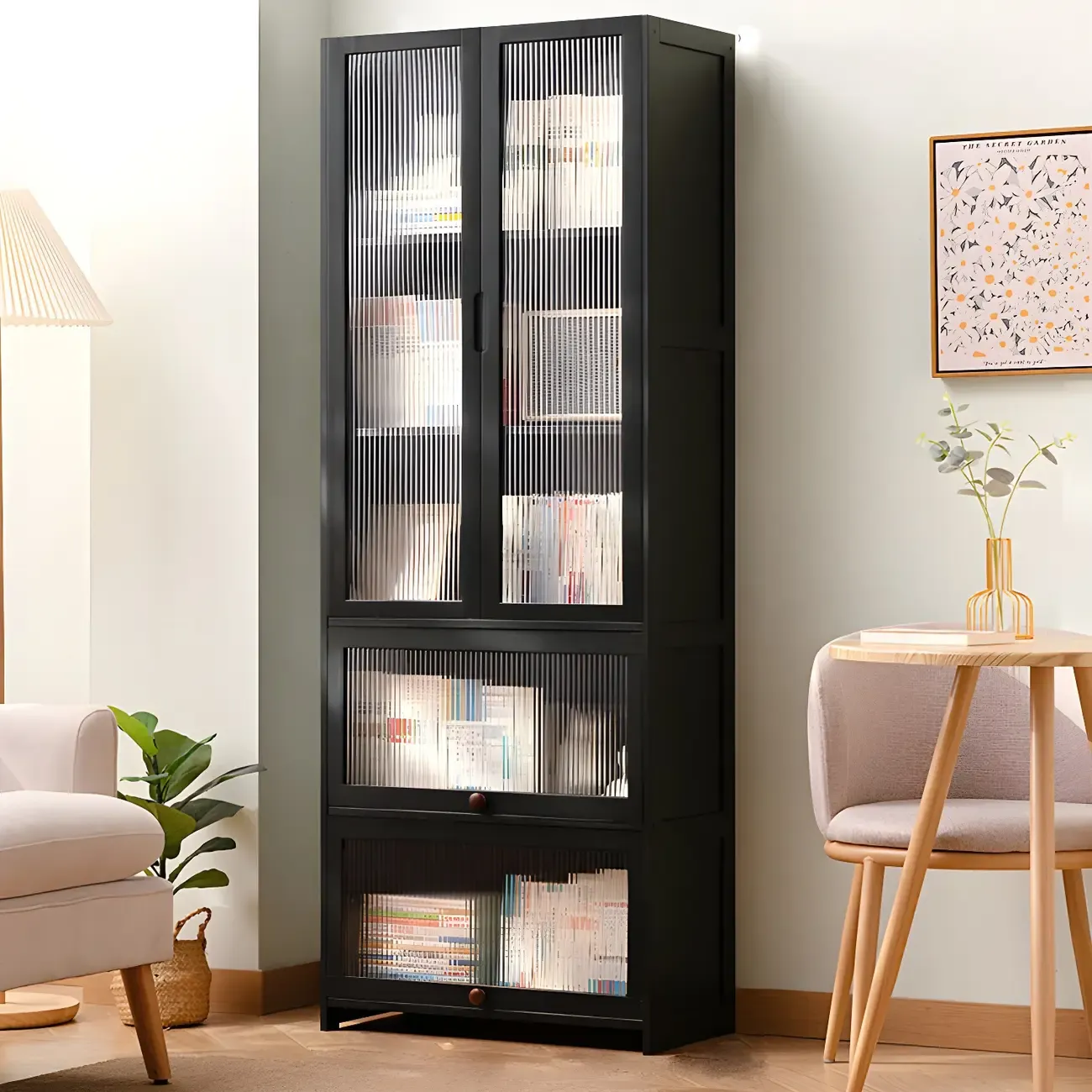 Bamboo Modern Black Vertical Bookcase with Glass Doors Image - 6