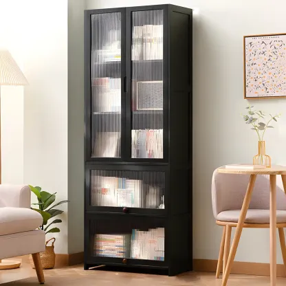 Bamboo Modern Black Vertical Bookcase with Glass Doors Image - 6