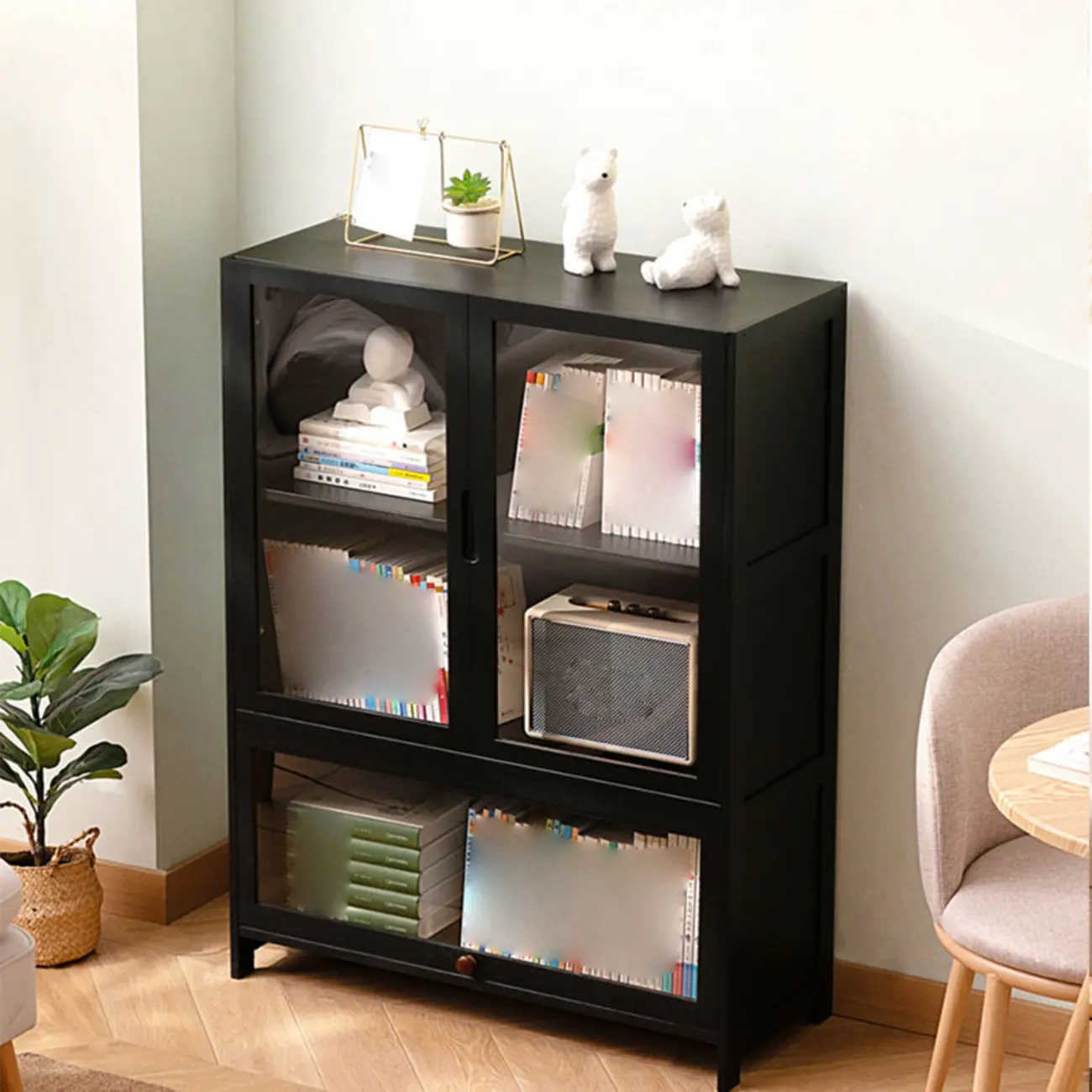 Bamboo Modern Black Vertical Bookcase with Glass Doors Image - 7 | homeyfad