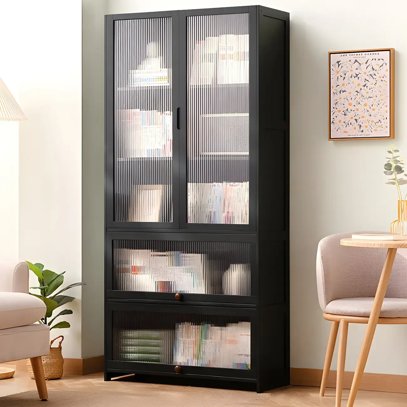 Bamboo Modern Black Vertical Bookcase with Glass Doors Image - 8