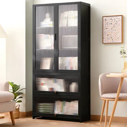Bamboo Modern Black Vertical Bookcase with Glass Doors Image - 8