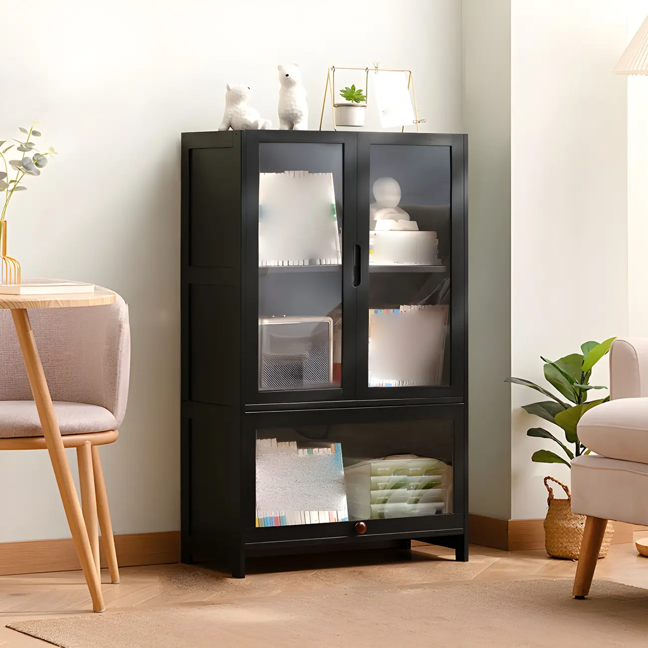 Bamboo Modern Black Vertical Bookcase with Glass Doors Image - 10 | homeyfad