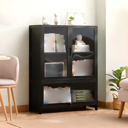 Bamboo Modern Black Vertical Bookcase with Glass Doors Image - 12
