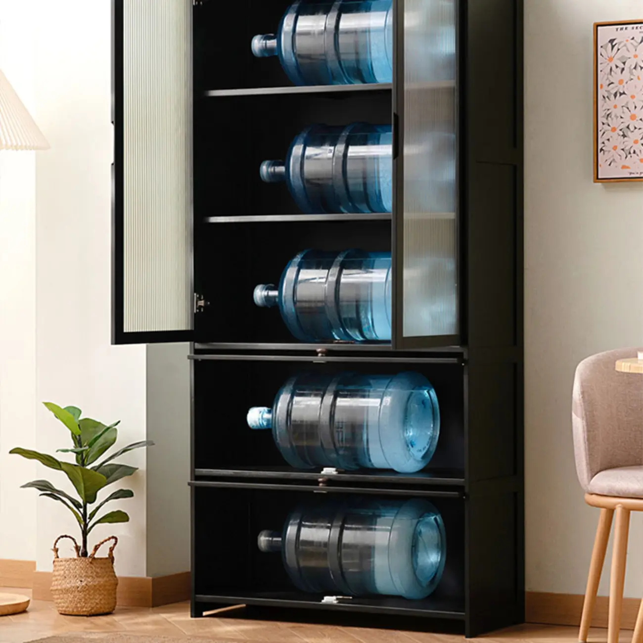 Bamboo Modern Black Vertical Bookcase with Glass Doors Image - 2