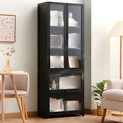 Bamboo Modern Black Vertical Bookcase with Glass Doors Image - 13