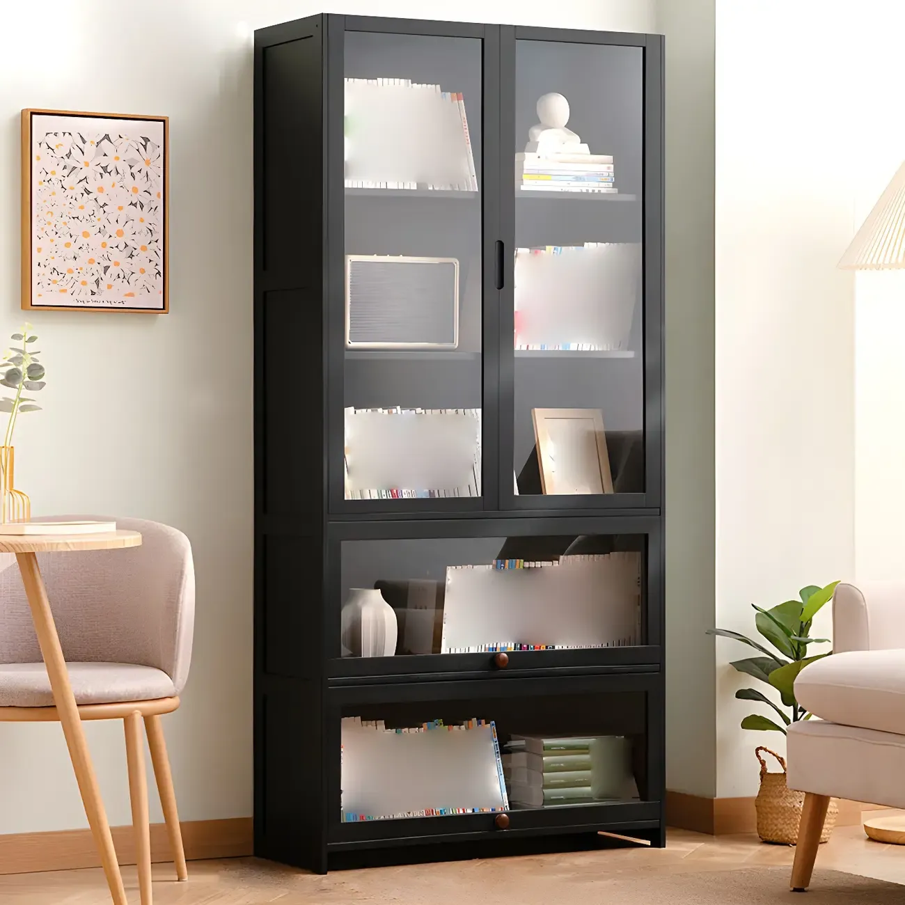 Bamboo Modern Black Vertical Bookcase with Glass Doors Image - 15