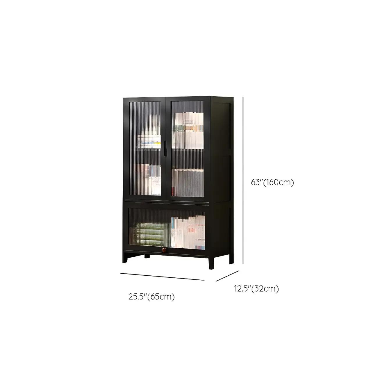 Bamboo Modern Black Vertical Bookcase with Glass Doors #size
