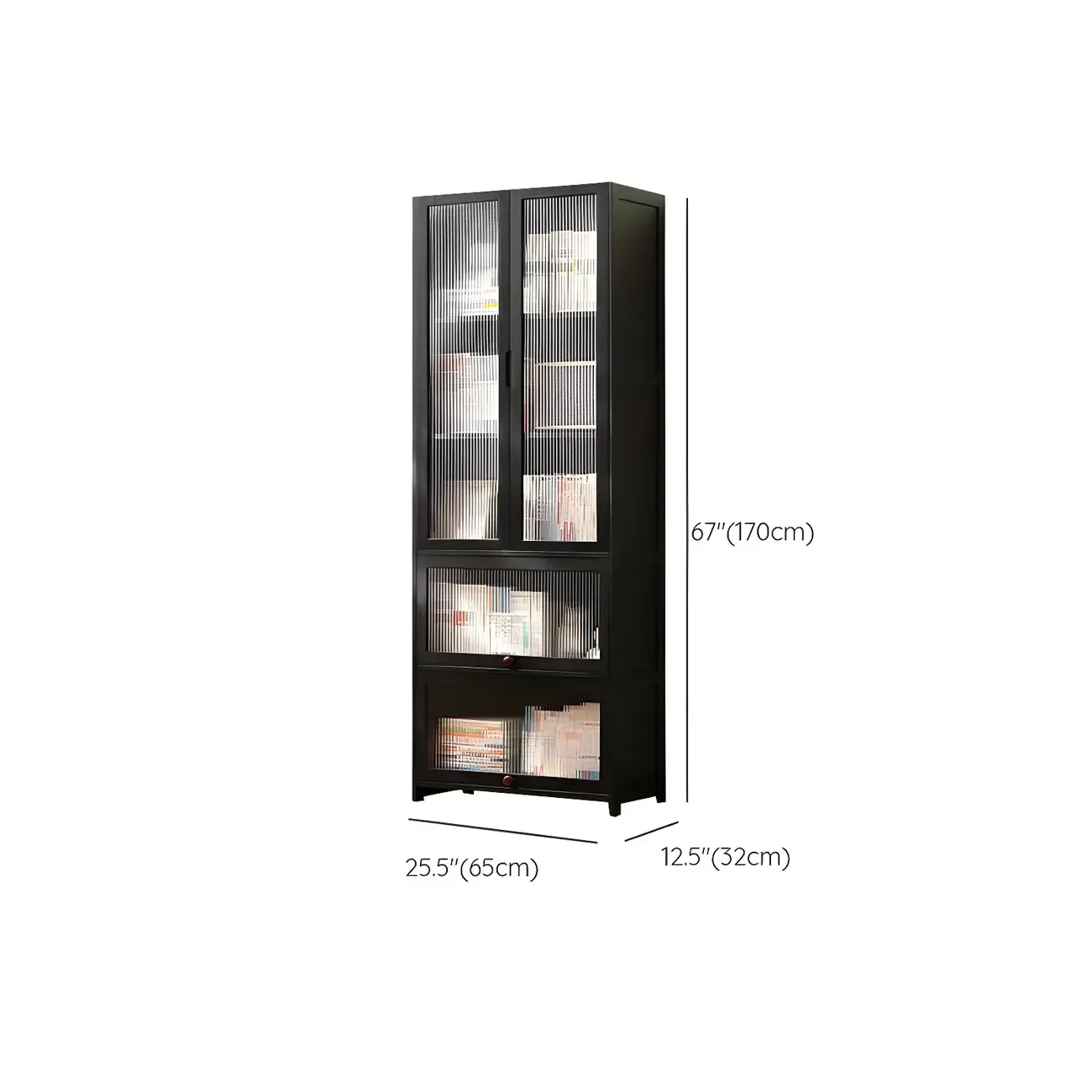 Bamboo Modern Black Vertical Bookcase with Glass Doors Image - 19