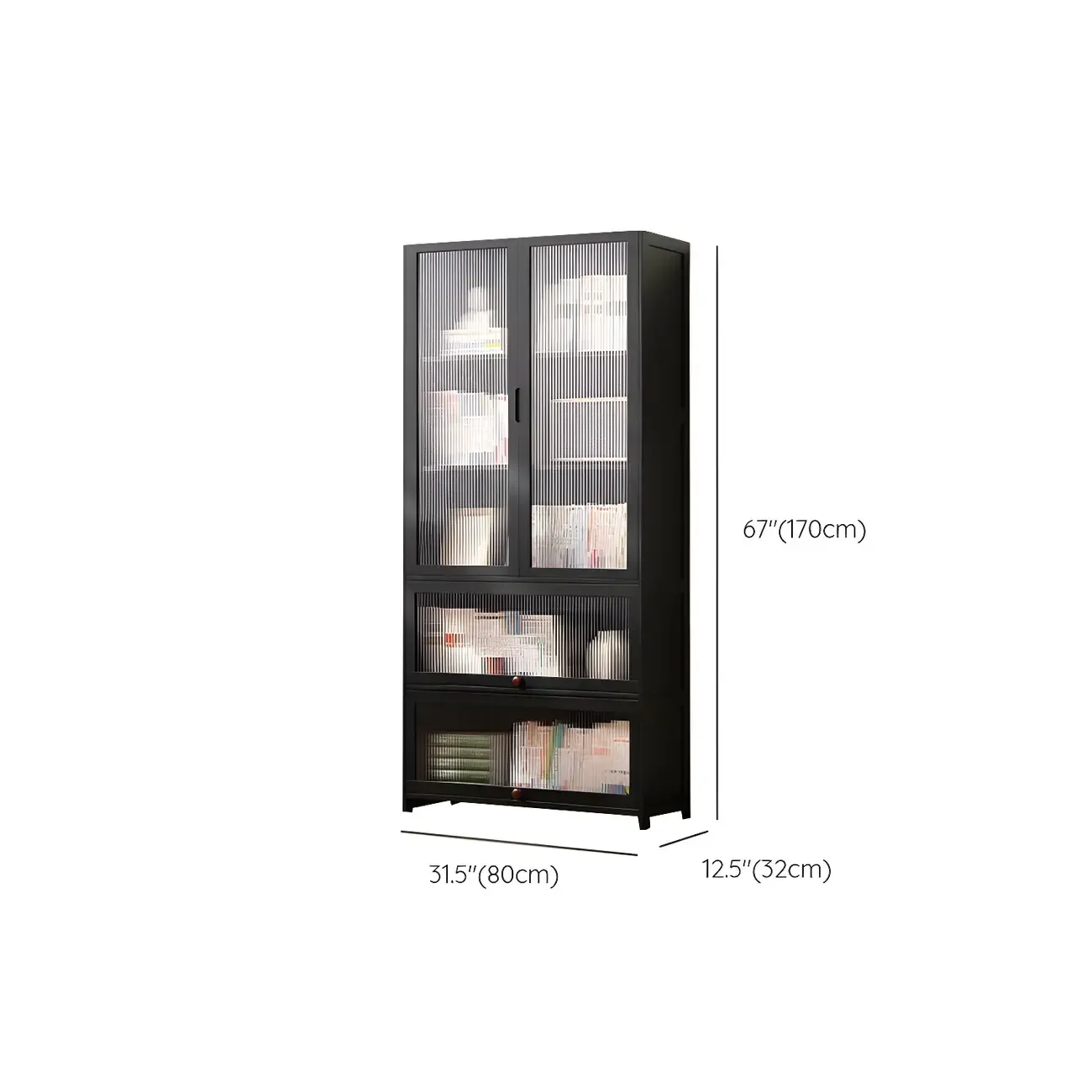 Bamboo Modern Black Vertical Bookcase with Glass Doors Image - 20