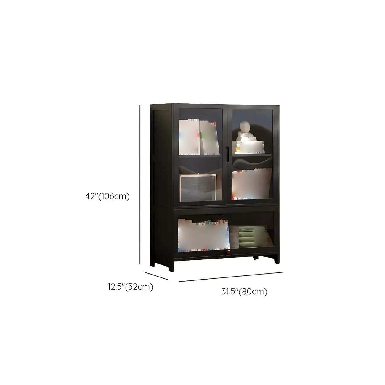 Bamboo Modern Black Vertical Bookcase with Glass Doors Image - 22