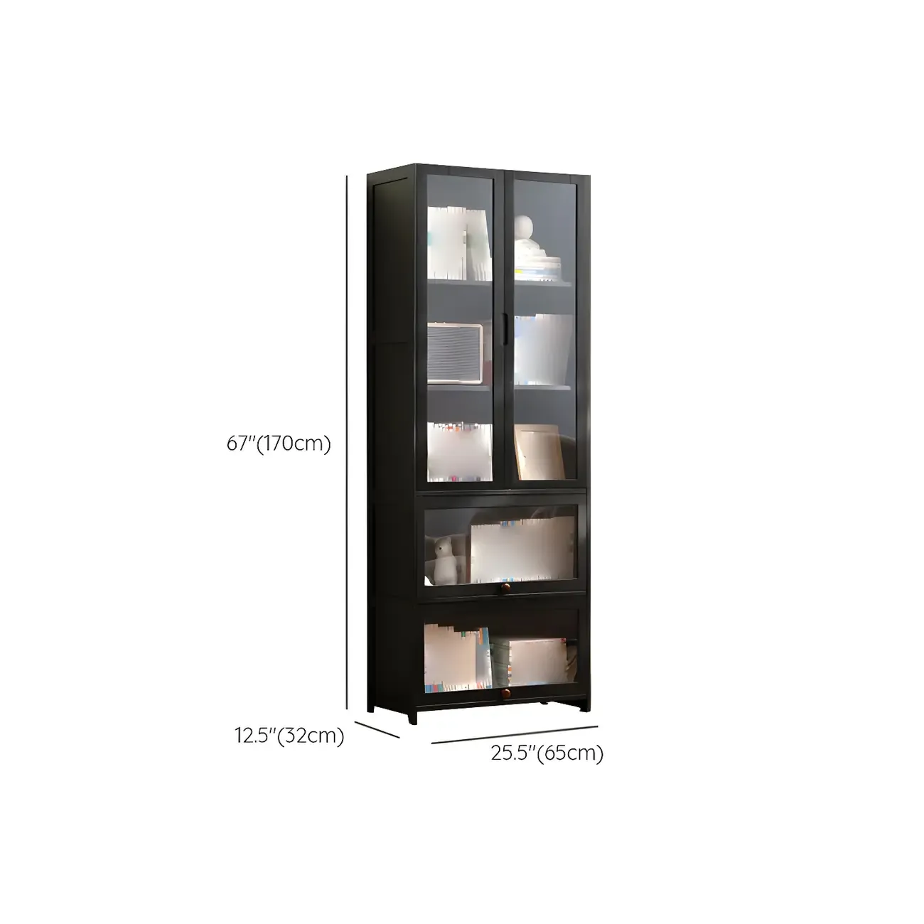 Bamboo Modern Black Vertical Bookcase with Glass Doors Image - 23
