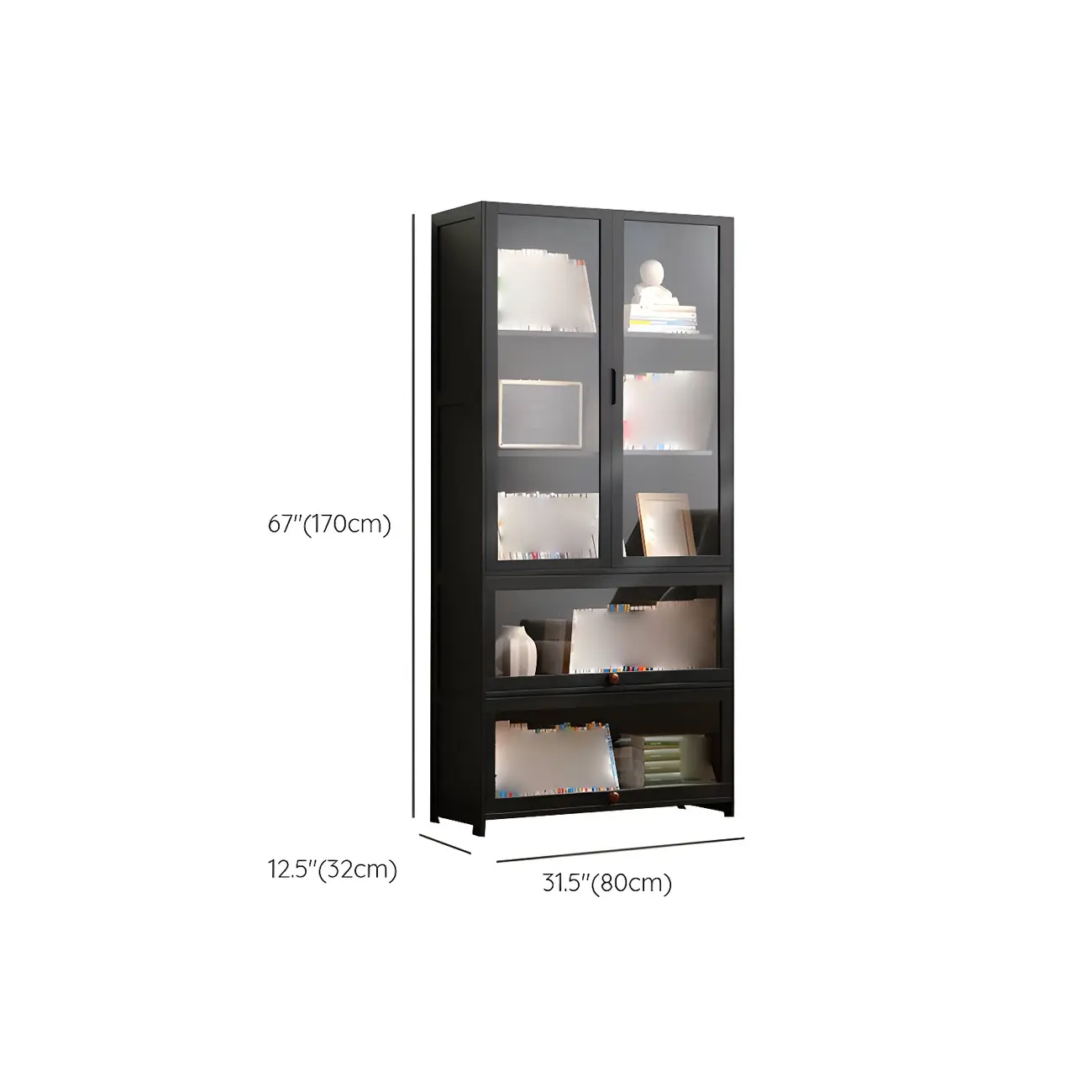 Bamboo Modern Black Vertical Bookcase with Glass Doors Image - 24 | homeyfad