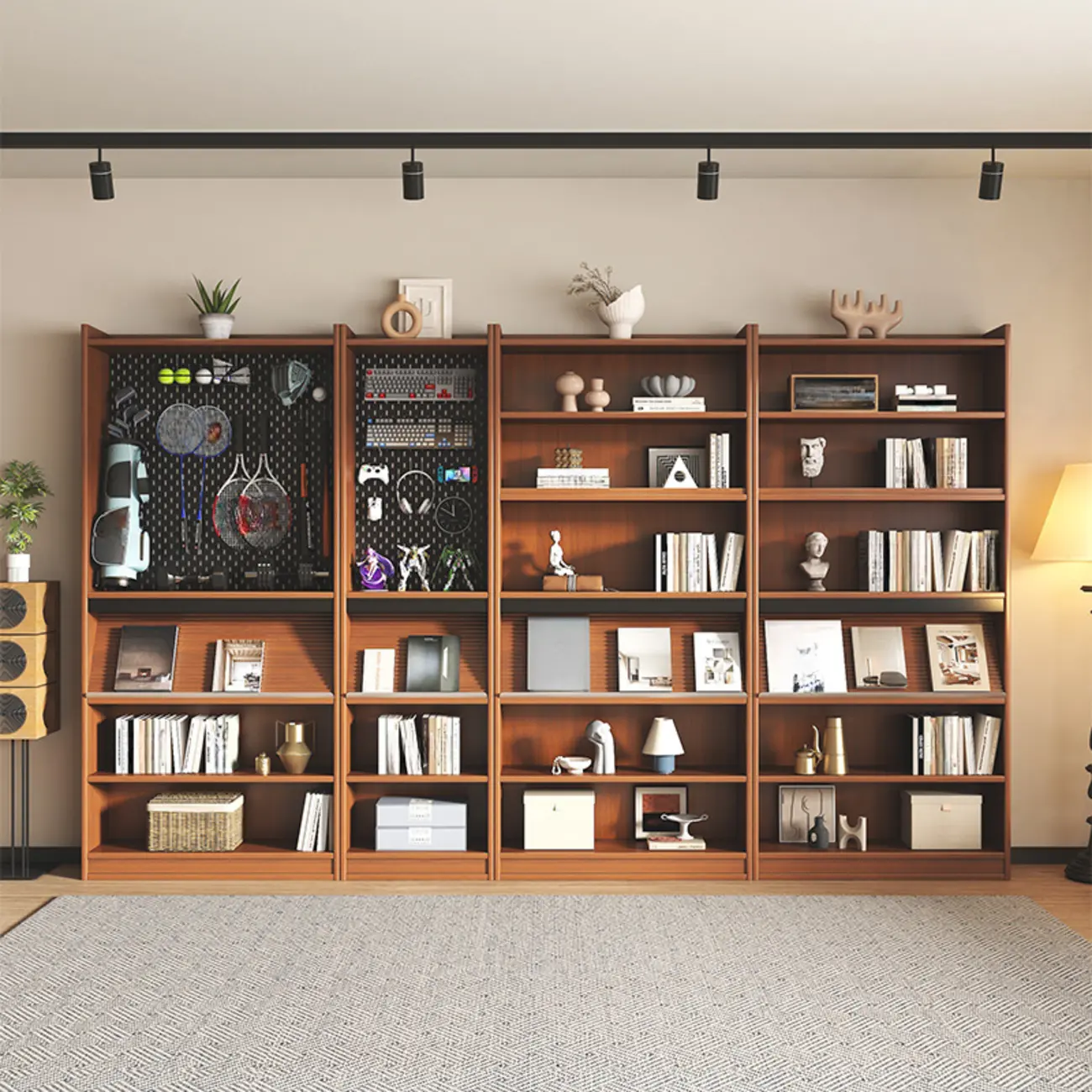 Tall Scandinavian Vertical Walnut Closed Back Wood Bookcase Image - 9 | homeyfad