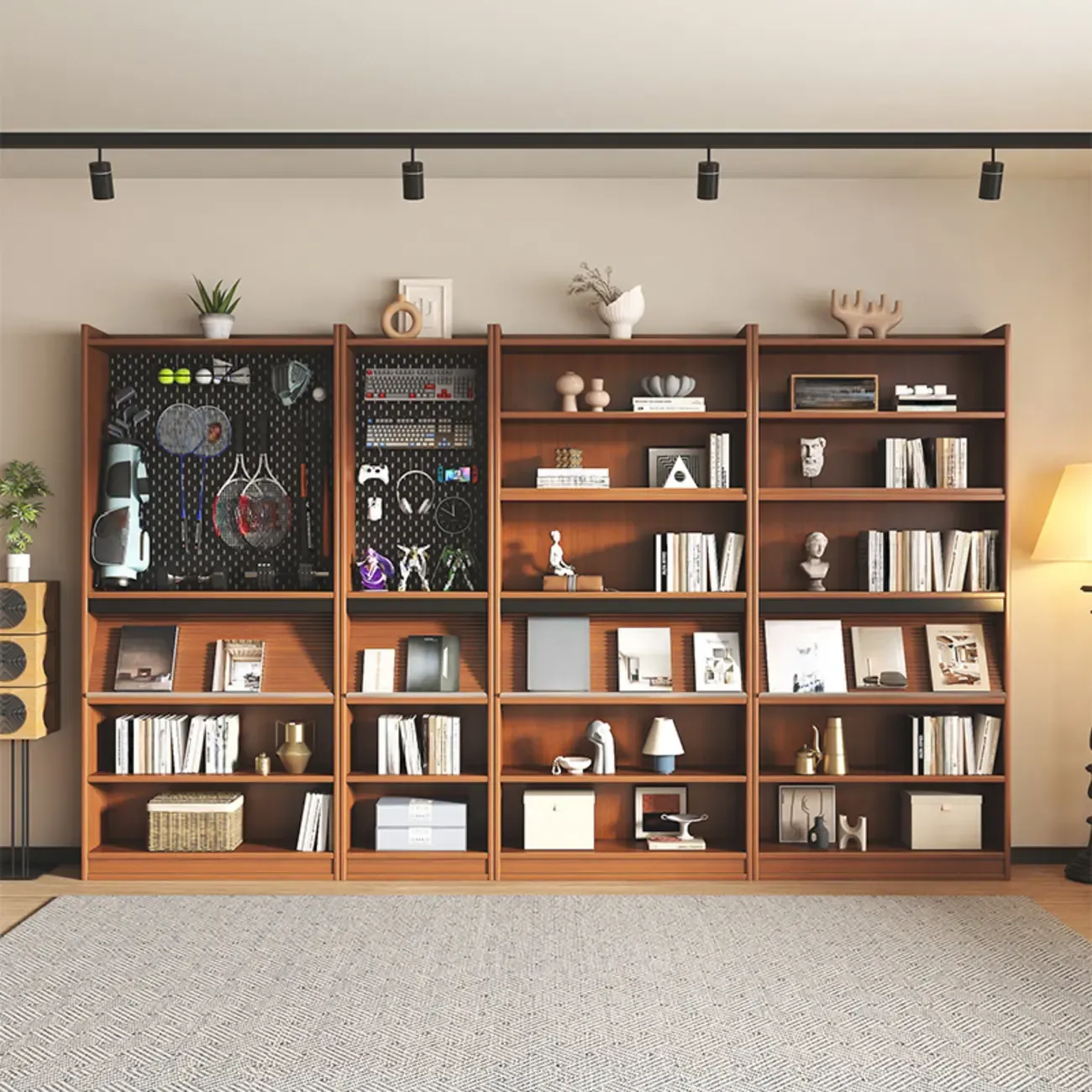 Tall Scandinavian Vertical Walnut Closed Back Wood Bookcase Image - 9