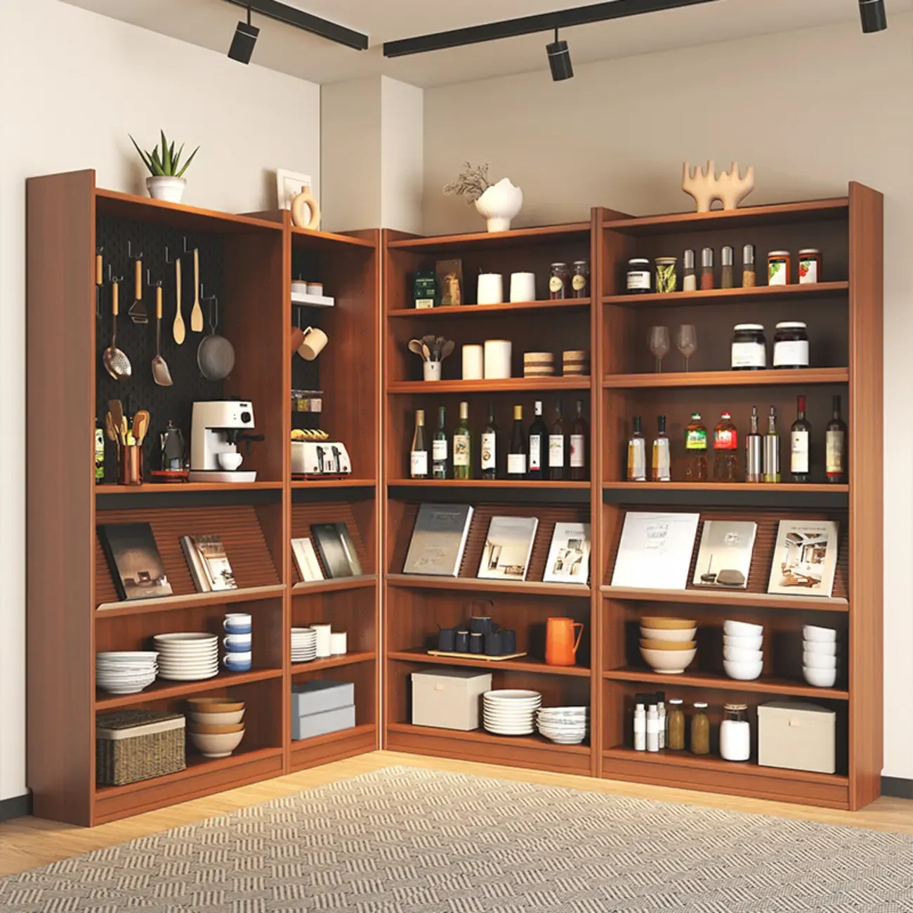 Tall Scandinavian Vertical Walnut Closed Back Wood Bookcase Image - 3