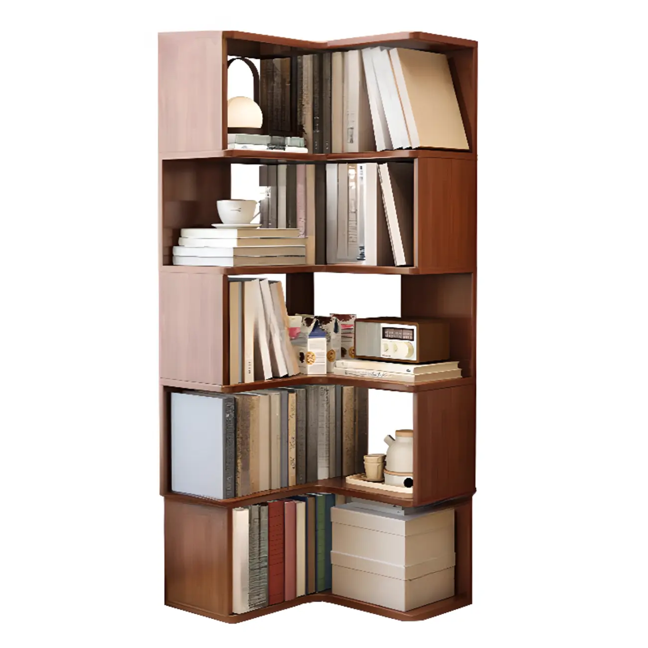 Modern Adjustable Vertical Brown Wood Corner Bookcase Image - 12 | homeyfad