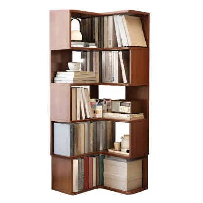 Modern Adjustable Vertical Brown Wood Corner Bookcase Image - 12