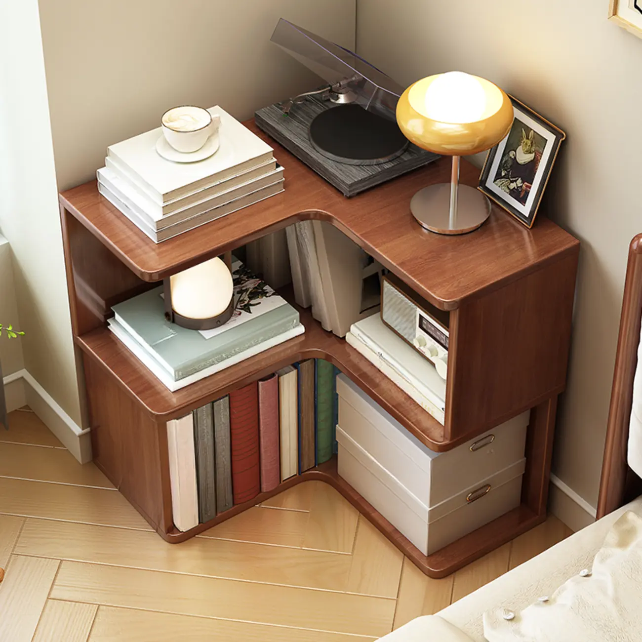Modern Adjustable Vertical Brown Wood Corner Bookcase Image - 1 | homeyfad