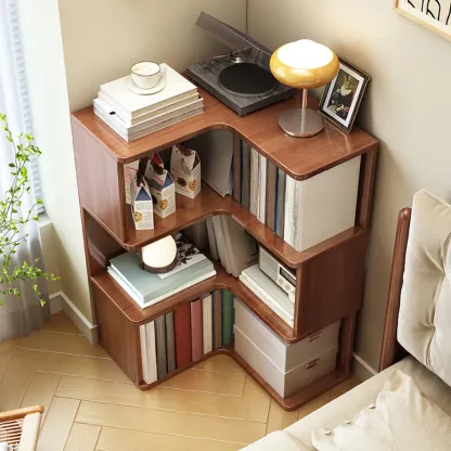 Modern Adjustable Vertical Brown Wood Corner Bookcase Image - 2