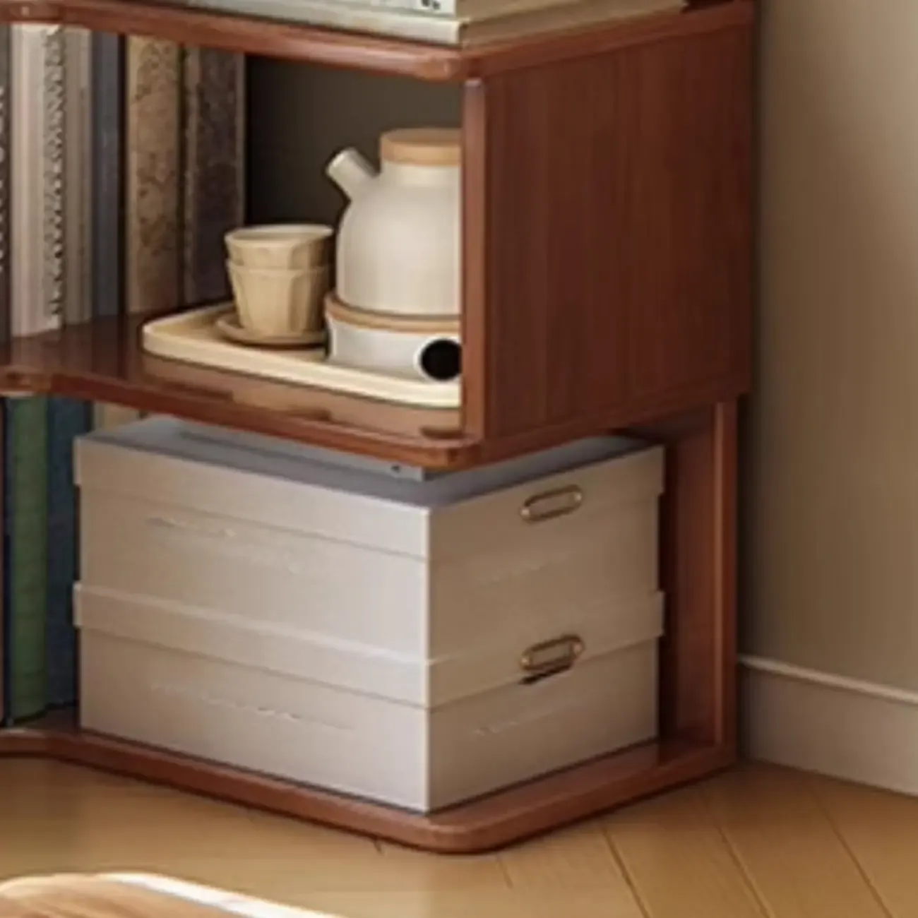 Modern Adjustable Vertical Brown Wood Corner Bookcase Image - 7