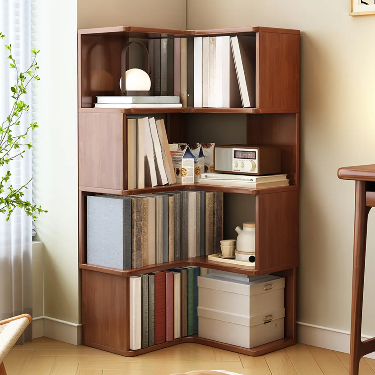 Modern Adjustable Vertical Brown Wood Corner Bookcase Image - 3 | homeyfad