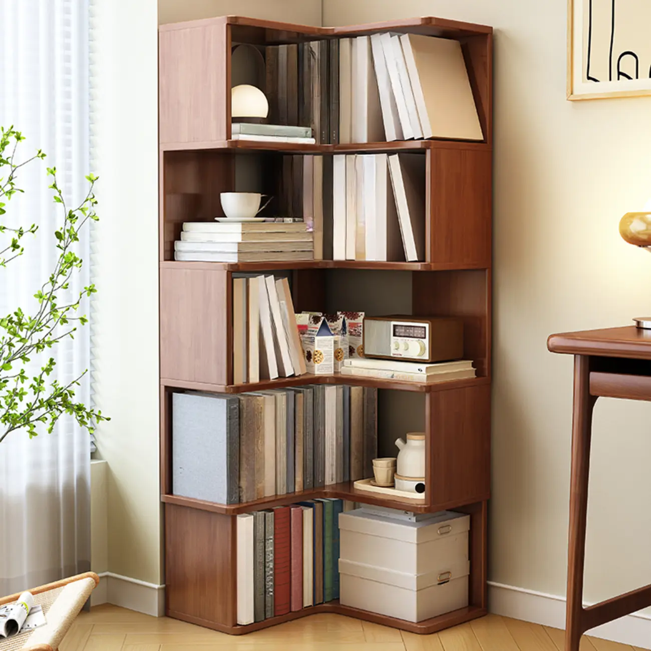 Modern Adjustable Vertical Brown Wood Corner Bookcase Image - 4 | homeyfad