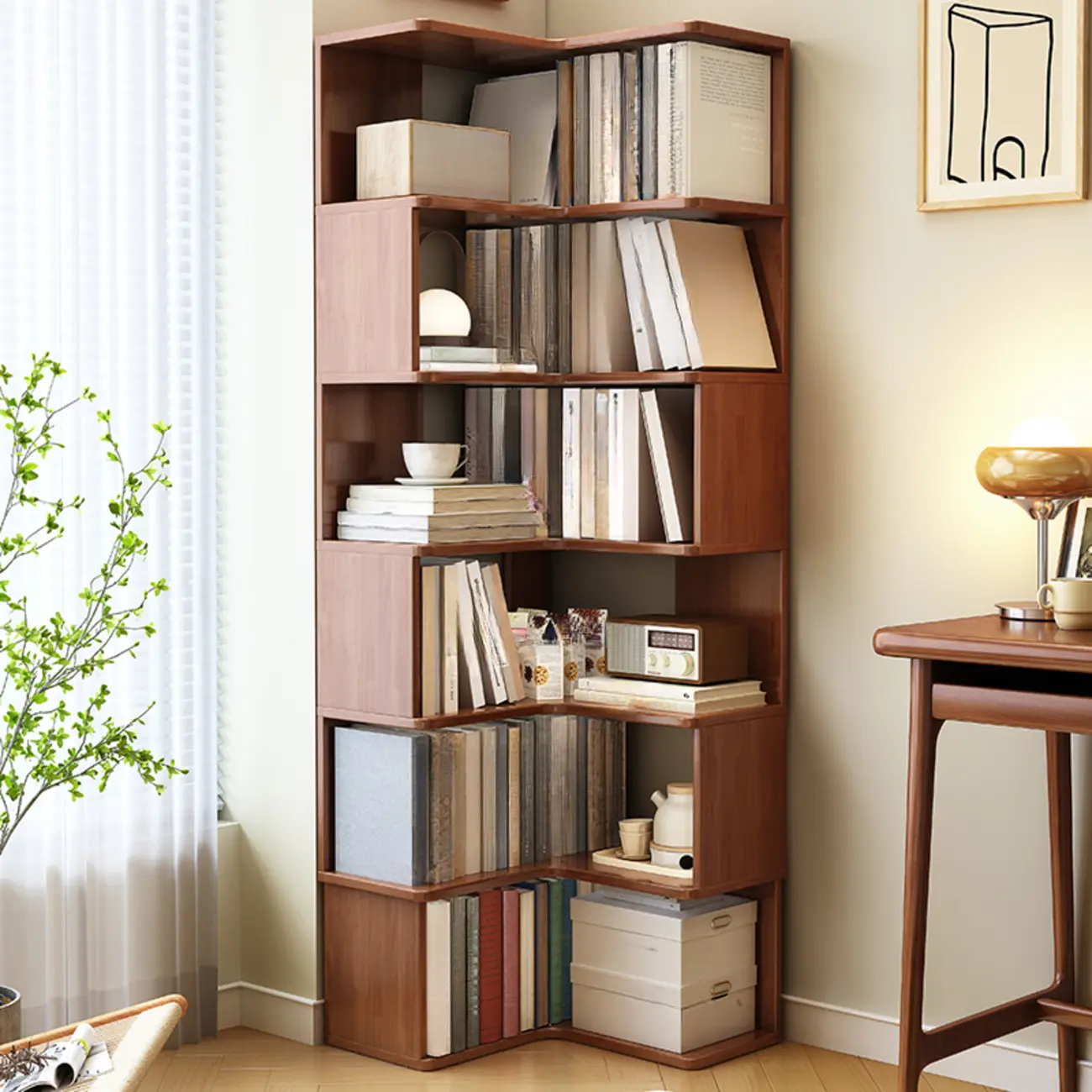 Modern Adjustable Vertical Brown Wood Corner Bookcase Image - 5 | homeyfad